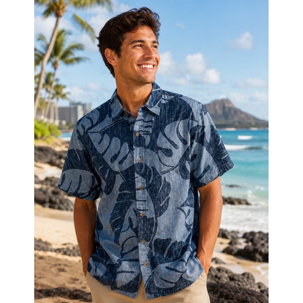 Cooke Street Honolulu Hawaiian Shirt Mens M Blue Monstera Leaf Cotton Made USA